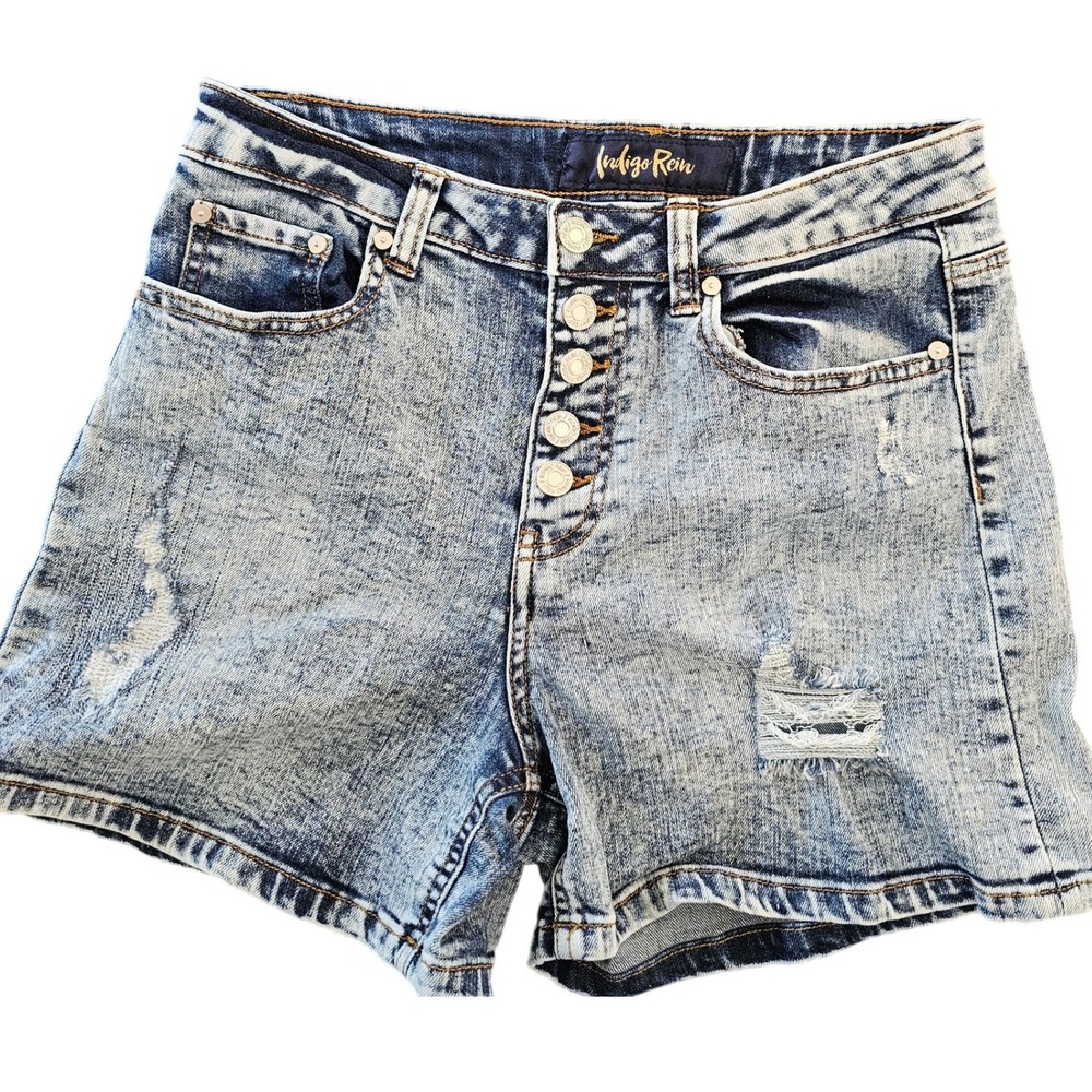 Indigo Rein Acid Wash High Rise Button Fly Denim Shorts Blue Sz 9/28 Distressed - Picture 1 of 6